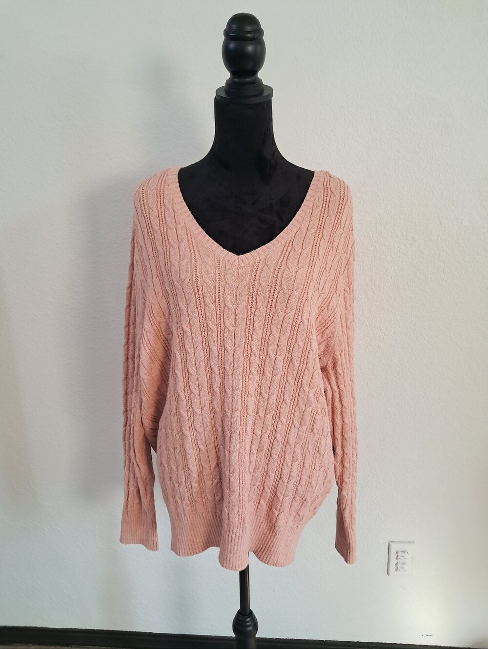 St Johns Bay Cable Knit Sweater Pink Shimmer V-Neck Fisherman Coastal Grandma 3X